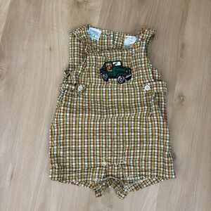 Vintage Plaid Sleeveless Short Romper 6/9 Month Embroidered Truck Jeep Safari